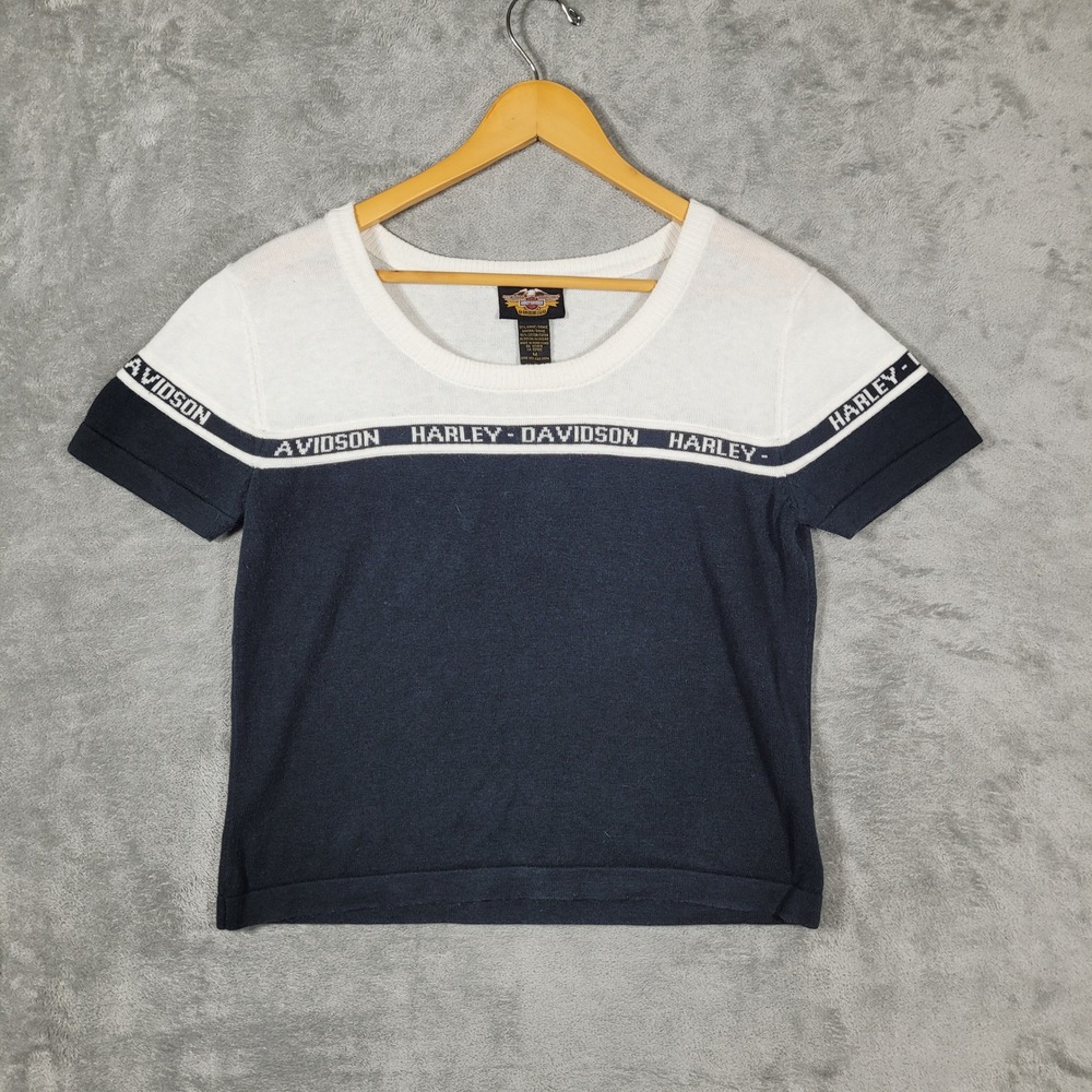 Vintage Harley Davidson Knit Top Sweater Women Medium Blue White Logo Scoop Neck